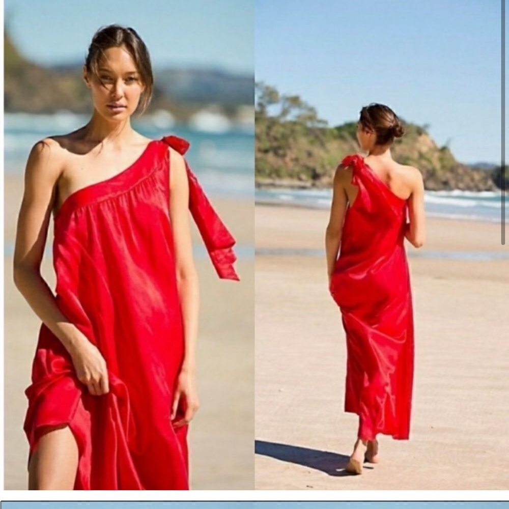 NWT Free People Soa Maxi Dress Long One Shoulder Satin Cocktail Cherry Red Small